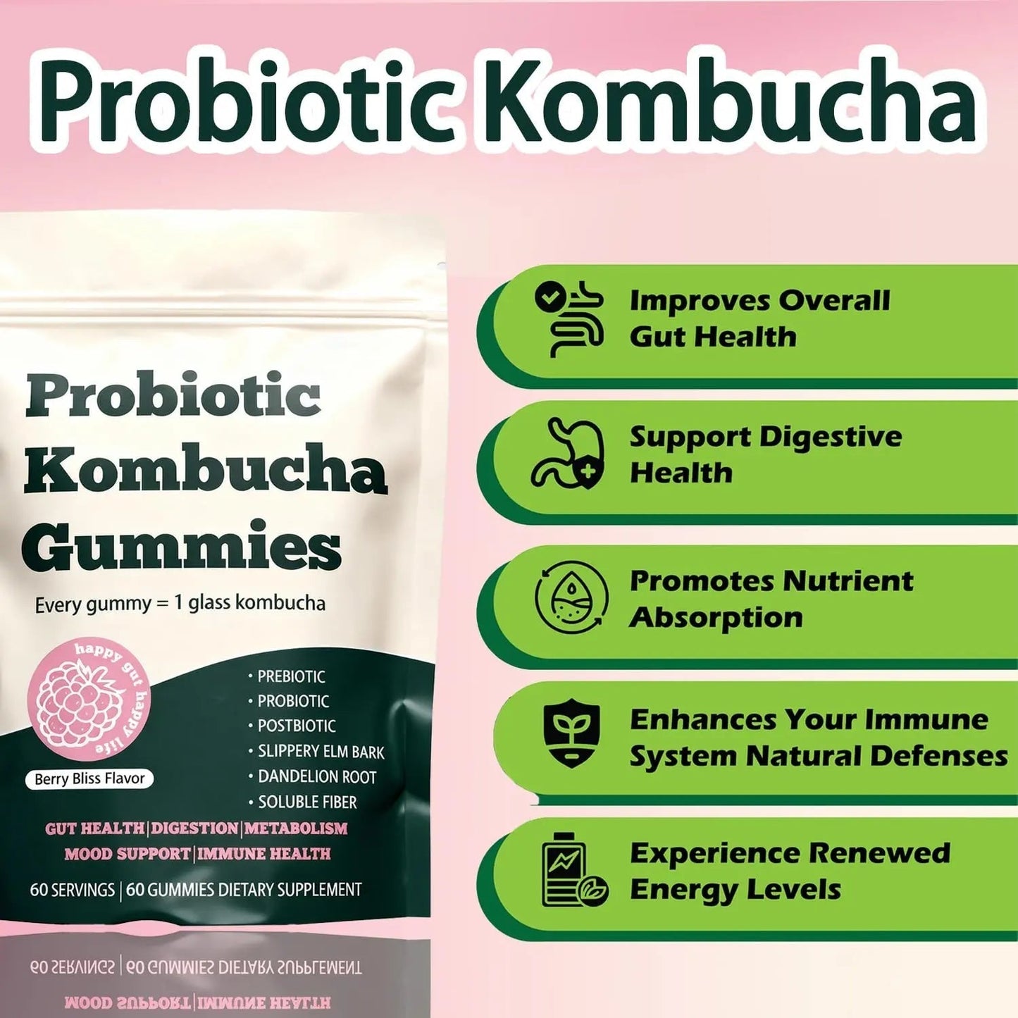 Glo Vous Probiotic Kombucha Gummies – 60 Gummies, with Prebiotics, Postbiotics & Fiber,Includes Slippery Elm, Dandelion Root & MCT Oil,Supports Digestive Health, Bloating Relief & Gut Support - Maple Wellness Supplements
