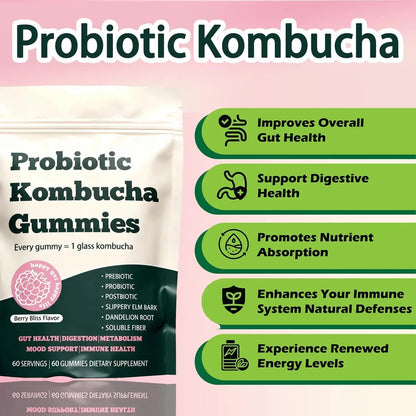 Glo Vous Probiotic Kombucha Gummies – 60 Gummies, with Prebiotics, Postbiotics & Fiber,Includes Slippery Elm, Dandelion Root & MCT Oil,Supports Digestive Health, Bloating Relief & Gut Support - Maple Wellness Supplements
