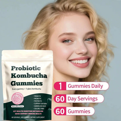 Glo Vous Probiotic Kombucha Gummies – 60 Gummies, with Prebiotics, Postbiotics & Fiber,Includes Slippery Elm, Dandelion Root & MCT Oil,Supports Digestive Health, Bloating Relief & Gut Support - Maple Wellness Supplements