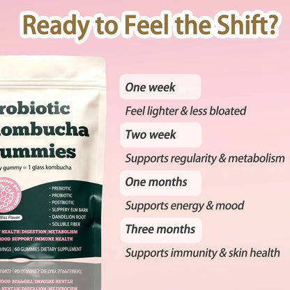 Glo Vous Probiotic Kombucha Gummies – 60 Gummies, with Prebiotics, Postbiotics & Fiber,Includes Slippery Elm, Dandelion Root & MCT Oil,Supports Digestive Health, Bloating Relief & Gut Support - Maple Wellness Supplements