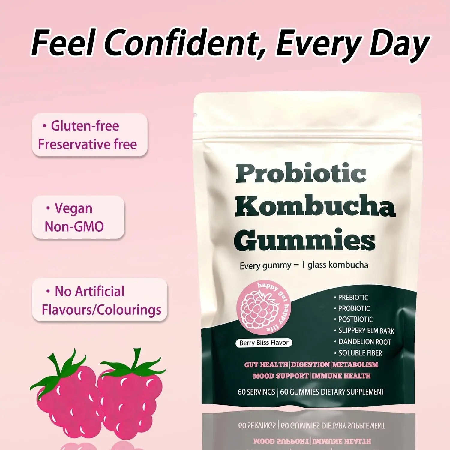 Glo Vous Probiotic Kombucha Gummies – 60 Gummies, with Prebiotics, Postbiotics & Fiber,Includes Slippery Elm, Dandelion Root & MCT Oil,Supports Digestive Health, Bloating Relief & Gut Support - Maple Wellness Supplements