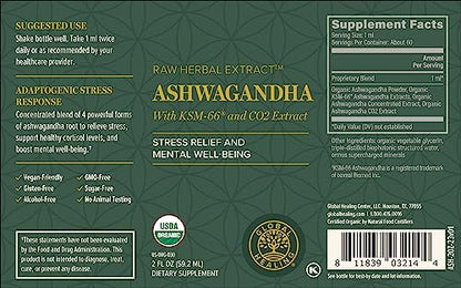 Global Healing Center - Organic Ashwagandha Supplements Drops - KSM-66 Ashwagandha Extra Strength for Men & Women, Helps Promote Relief from Stress, Mood Support, Organic (2 Fl Oz) - Maple Wellness Supplements