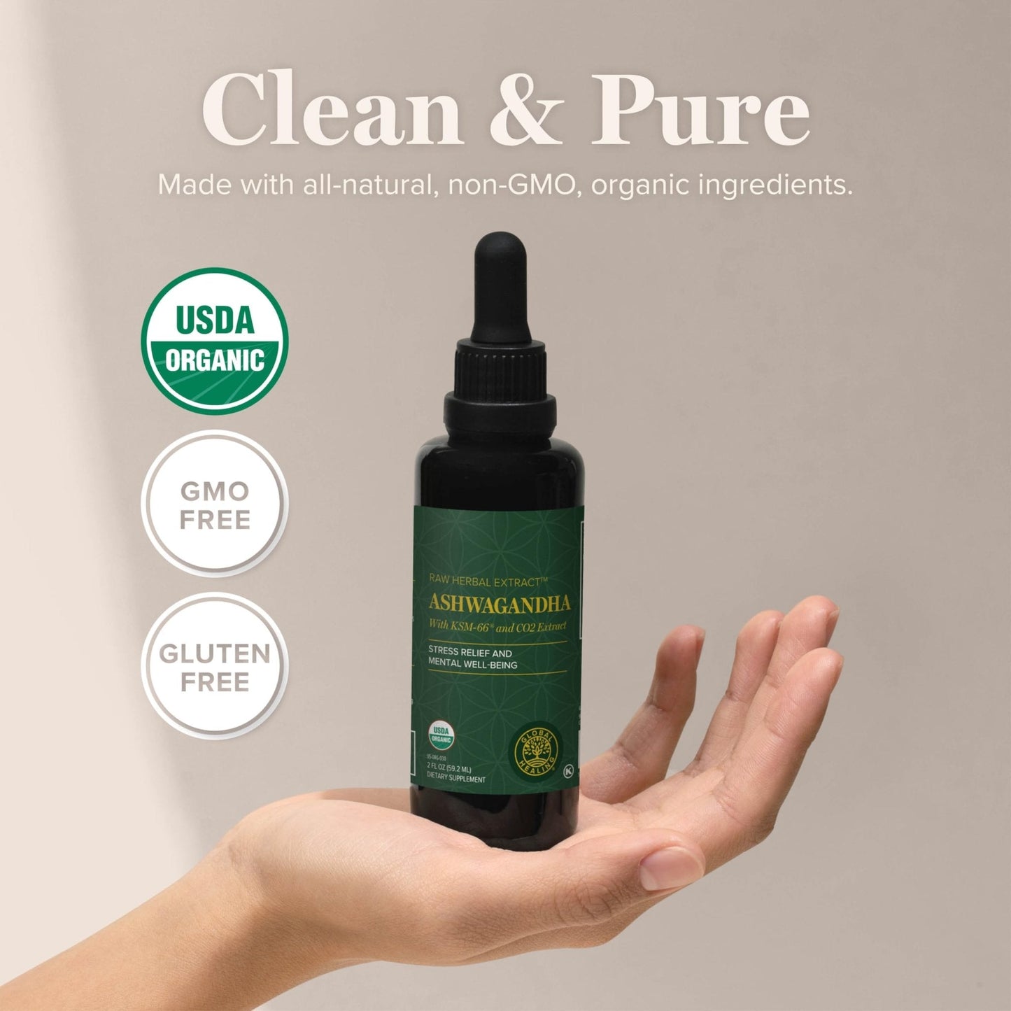 Global Healing Center - Organic Ashwagandha Supplements Drops - KSM-66 Ashwagandha Extra Strength for Men & Women, Helps Promote Relief from Stress, Mood Support, Organic (2 Fl Oz) - Maple Wellness Supplements