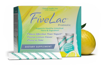Global Health Trax GHT - FiveLac Lemon Probiotic Powder Drink Mix, Probiotics for Women, Men, Kids - Smooth Digestive Support & Elimination – Relieve Constipation & Gas - 60 Packets, 3.18 Oz, Non-GMO - Maple Wellness Supplements