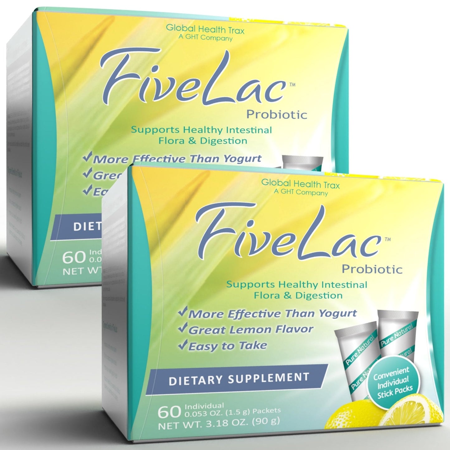 Global Health Trax GHT - FiveLac Lemon Probiotic Powder Drink Mix, Probiotics for Women, Men & Kids - Smooth Digestive Support & Elimination - Relieves Constipation & Gas - 60 Packets (2 Pack) Non-GMO - Maple Wellness Supplements