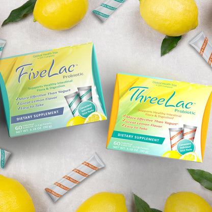 Global Health Trax GHT - FiveLac + Threelac Lemon Probiotic Powder Drink Mix, Probiotics for Women, Men, Kids, Smooth Digestive Support & Elimination, Relieves Constipation & Gas - 60 Packets, Non-GMO - Maple Wellness Supplements