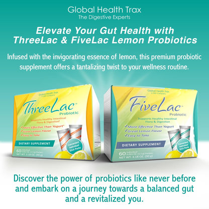 Global Health Trax GHT - FiveLac + Threelac Lemon Probiotic Powder Drink Mix, Probiotics for Women, Men, Kids, Smooth Digestive Support & Elimination, Relieves Constipation & Gas - 60 Packets, Non-GMO - Maple Wellness Supplements