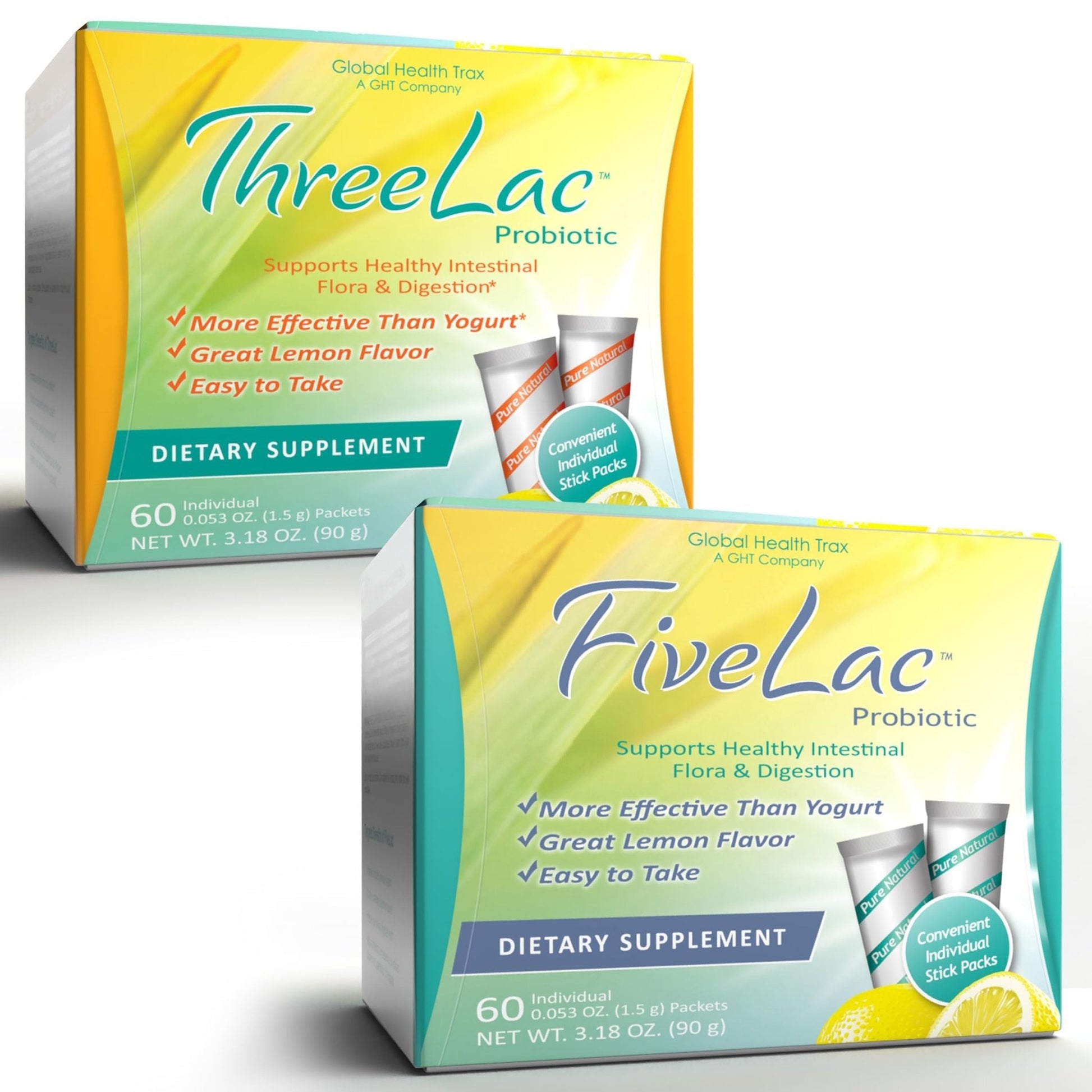Global Health Trax GHT - FiveLac + Threelac Lemon Probiotic Powder Drink Mix, Probiotics for Women, Men, Kids, Smooth Digestive Support & Elimination, Relieves Constipation & Gas - 60 Packets, Non-GMO - Maple Wellness Supplements