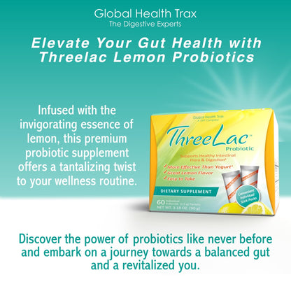 Global Health Trax GHT - ThreeLac Lemon Probiotic Drink Mix for Digestive Health - Advanced Probiotic Powder Formula for Men, Women & Kids - Immune Support & Gut Balance, Non-GMO - 60 Packets - Maple Wellness Supplements