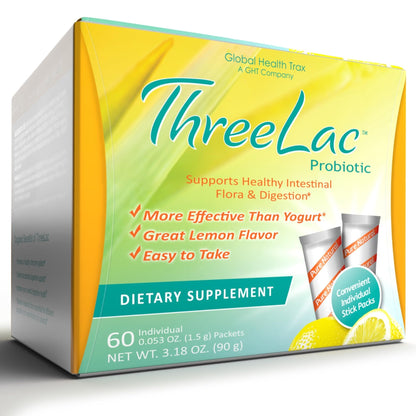 Global Health Trax GHT - ThreeLac Lemon Probiotic Drink Mix for Digestive Health - Advanced Probiotic Powder Formula for Men, Women & Kids - Immune Support & Gut Balance, Non-GMO - 60 Packets - Maple Wellness Supplements