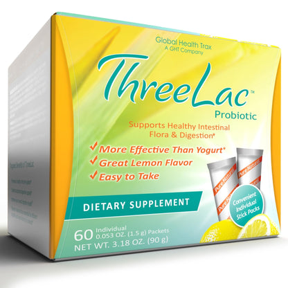 Global Health Trax GHT - ThreeLac Lemon Probiotic Drink Mix for Digestive Health - Advanced Probiotic Powder Formula for Men, Women & Kids - Immune Support & Gut Balance, Non-GMO - 60 Packets - Maple Wellness Supplements