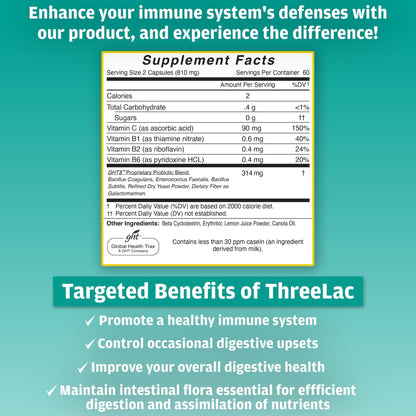 Global Health Trax GHT - ThreeLac Probiotic Capsules, 120 Count - Comprehensive Digestive Support for Men, Women, and Children - Immune System and Gut Balance, Non-GMO - Maple Wellness Supplements