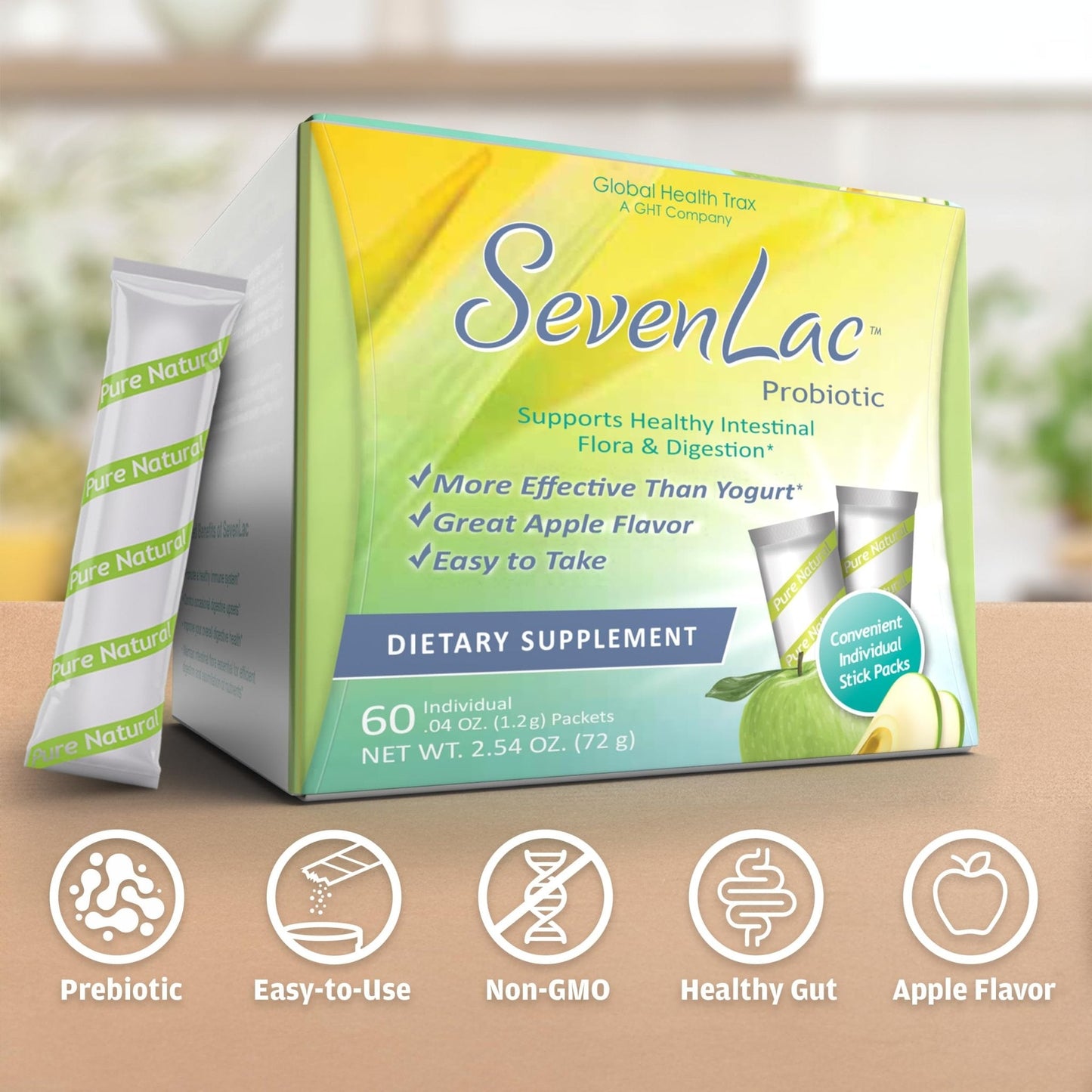 Global Health Trax SevenLac Apple Probiotic Powder Drink Mix, Probiotics for Women, Men, and Kids – Smooth Digestive Support - Relieves Constipation and Gas – 60 Packets, 2.54 Oz, Non-GMO, Gluten-Free - Maple Wellness Supplements
