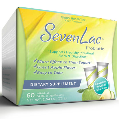 Global Health Trax SevenLac Apple Probiotic Powder Drink Mix, Probiotics for Women, Men, and Kids – Smooth Digestive Support - Relieves Constipation and Gas – 60 Packets, 2.54 Oz, Non-GMO, Gluten-Free - Maple Wellness Supplements