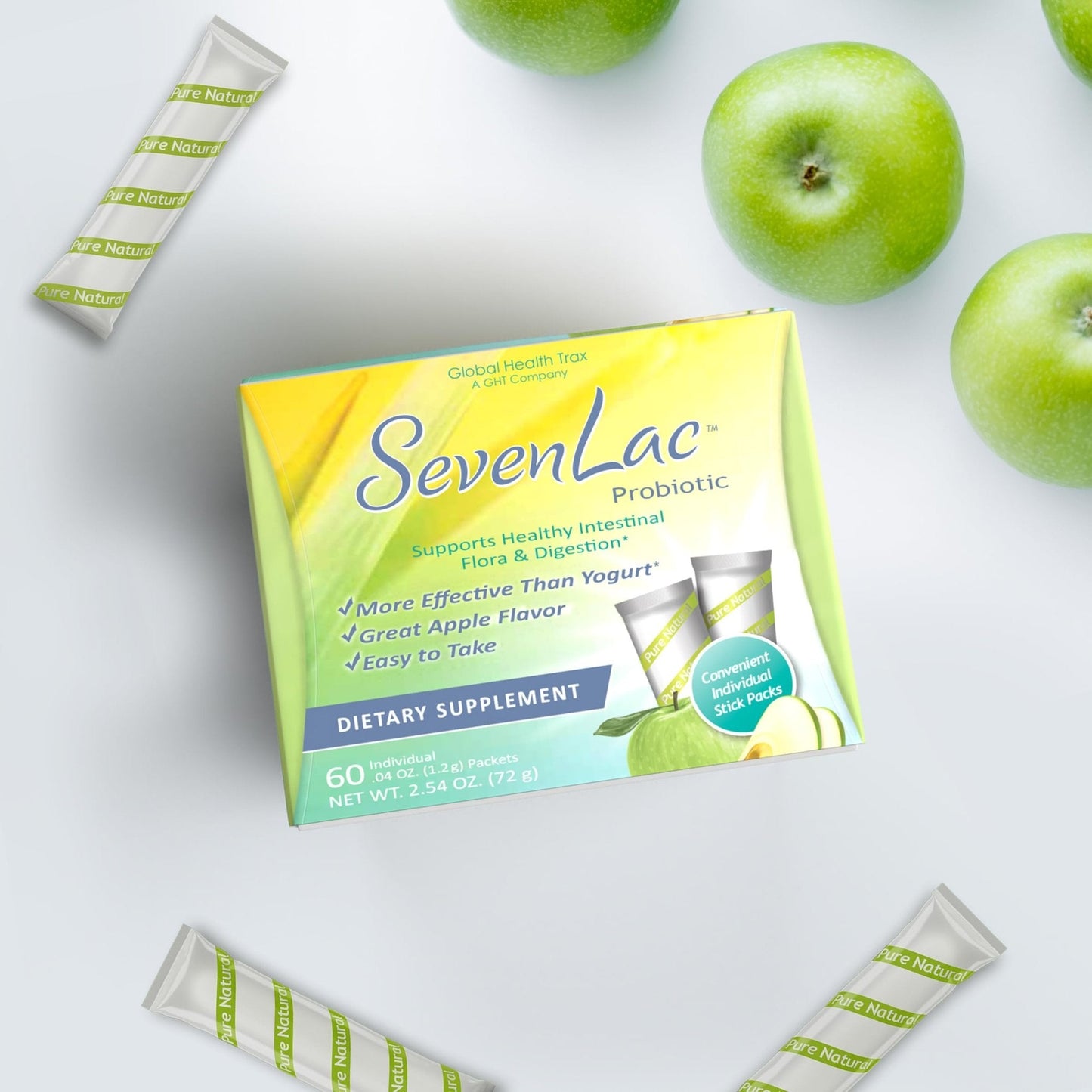 Global Health Trax SevenLac Apple Probiotic Powder Drink Mix, Probiotics for Women, Men, and Kids – Smooth Digestive Support - Relieves Constipation and Gas – 60 Packets, 2.54 Oz, Non-GMO, Gluten-Free - Maple Wellness Supplements