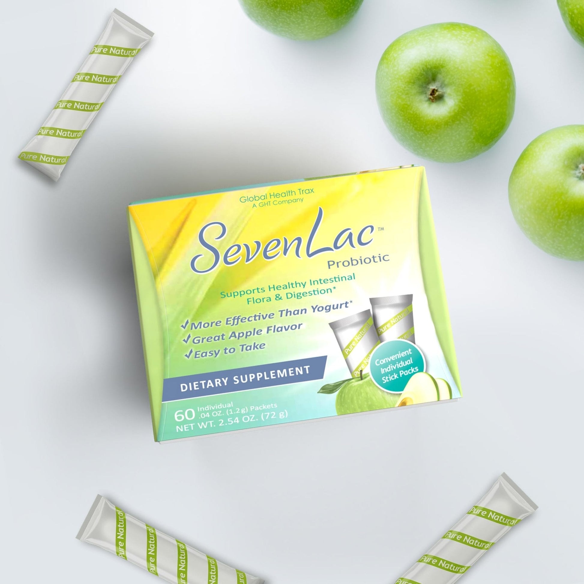 Global Health Trax SevenLac Apple Probiotic Powder Drink Mix, Probiotics for Women, Men, and Kids – Smooth Digestive Support - Relieves Constipation and Gas – 60 Packets, 2.54 Oz, Non-GMO, Gluten-Free - Maple Wellness Supplements