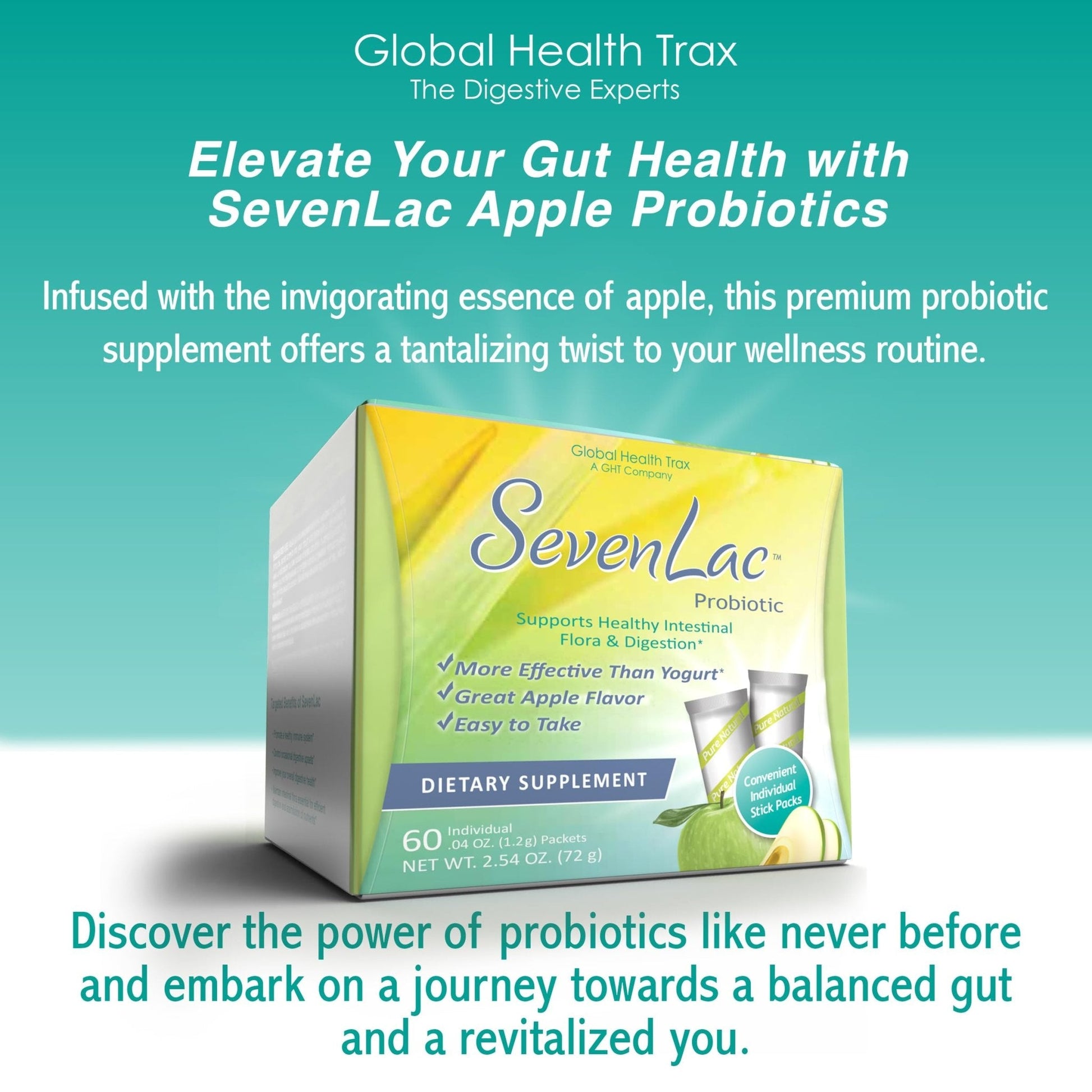 Global Health Trax SevenLac Apple Probiotic Powder Drink Mix, Probiotics for Women, Men, and Kids – Smooth Digestive Support - Relieves Constipation and Gas – 60 Packets, 2.54 Oz, Non-GMO, Gluten-Free - Maple Wellness Supplements