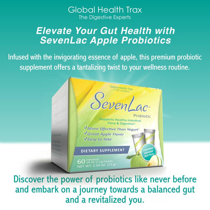 Global Health Trax SevenLac Apple Probiotic Powder Drink Mix, Probiotics for Women, Men, and Kids – Smooth Digestive Support - Relieves Constipation and Gas – 60 Packets, 2.54 Oz, Non-GMO, Gluten-Free - Maple Wellness Supplements