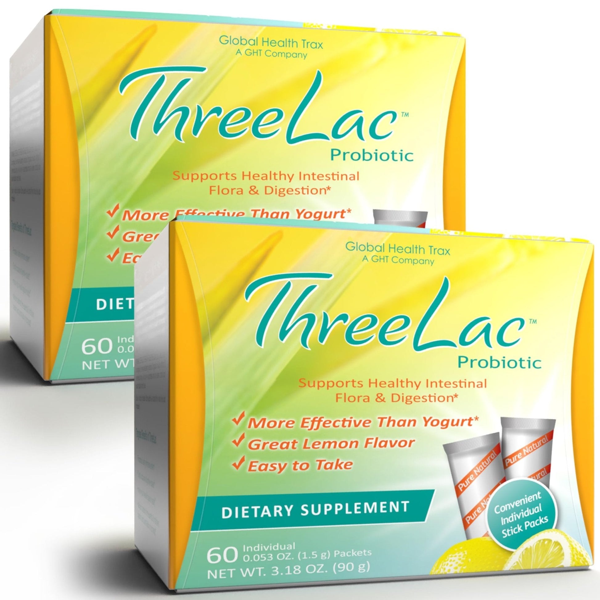 Global Health Trax ThreeLac Lemon Probiotic Drink Mix for Digestive Health - Advanced Probiotic Powder Formula for Men, Women, and Kids - Immune Support & Gut Balance, Non-GMO - 120 Packets - Maple Wellness Supplements