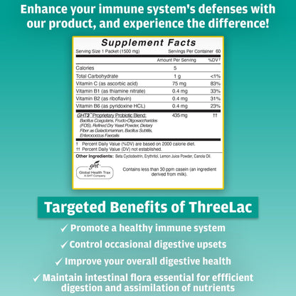 Global Health Trax ThreeLac Lemon Probiotic Drink Mix for Digestive Health - Advanced Probiotic Powder Formula for Men, Women, and Kids - Immune Support & Gut Balance, Non-GMO - 120 Packets - Maple Wellness Supplements