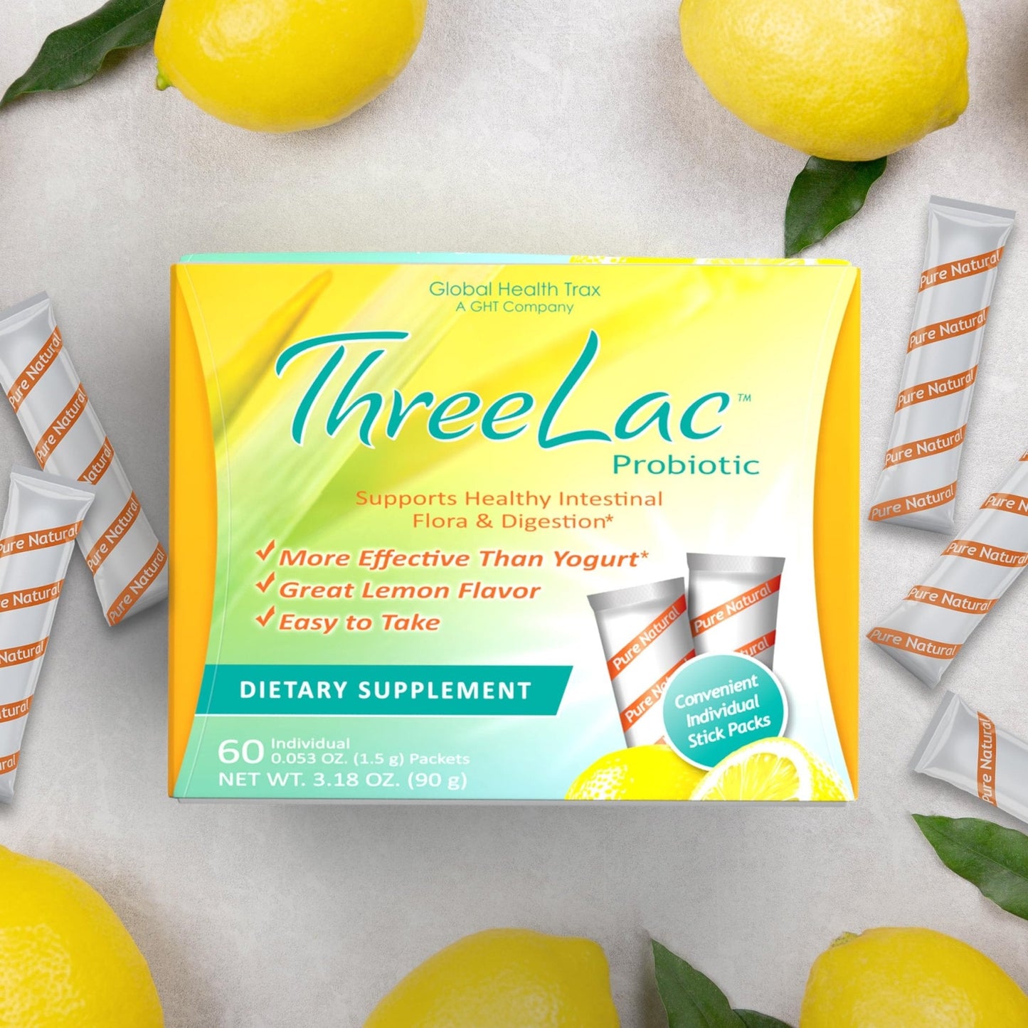 Global Health Trax ThreeLac Lemon Probiotic Drink Mix for Digestive Health - Advanced Probiotic Powder Formula for Men, Women, and Kids - Immune Support & Gut Balance, Non-GMO - 180 Packets - Maple Wellness Supplements
