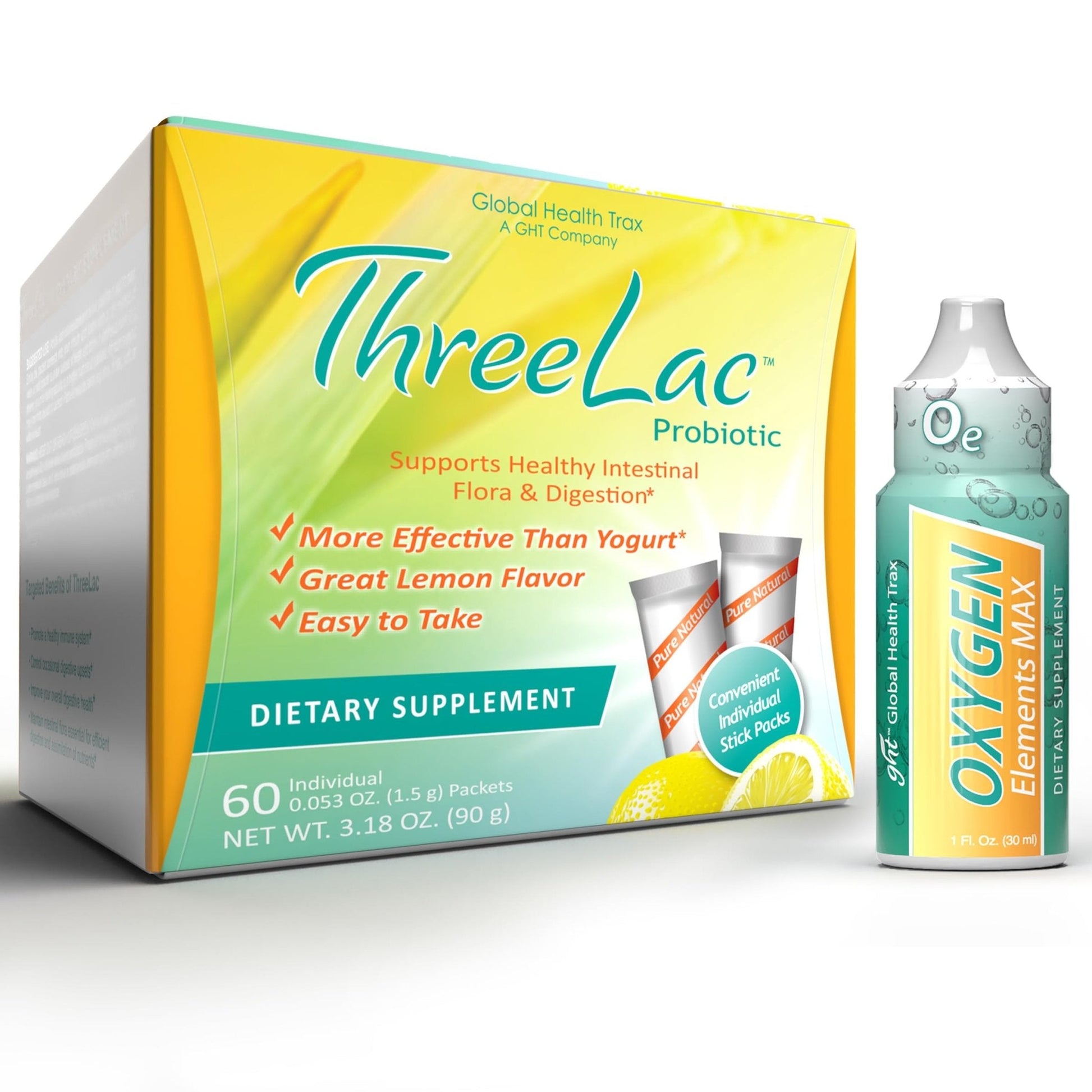 Global Health Trax Ultimate Gut & Oxygen Duo: ThreeLac Lemon Probiotic Powder (60 Packets) & Oxygen Elements Max Drops (1oz) - Digestive Support & Cellular Vitality - Maple Wellness Supplements