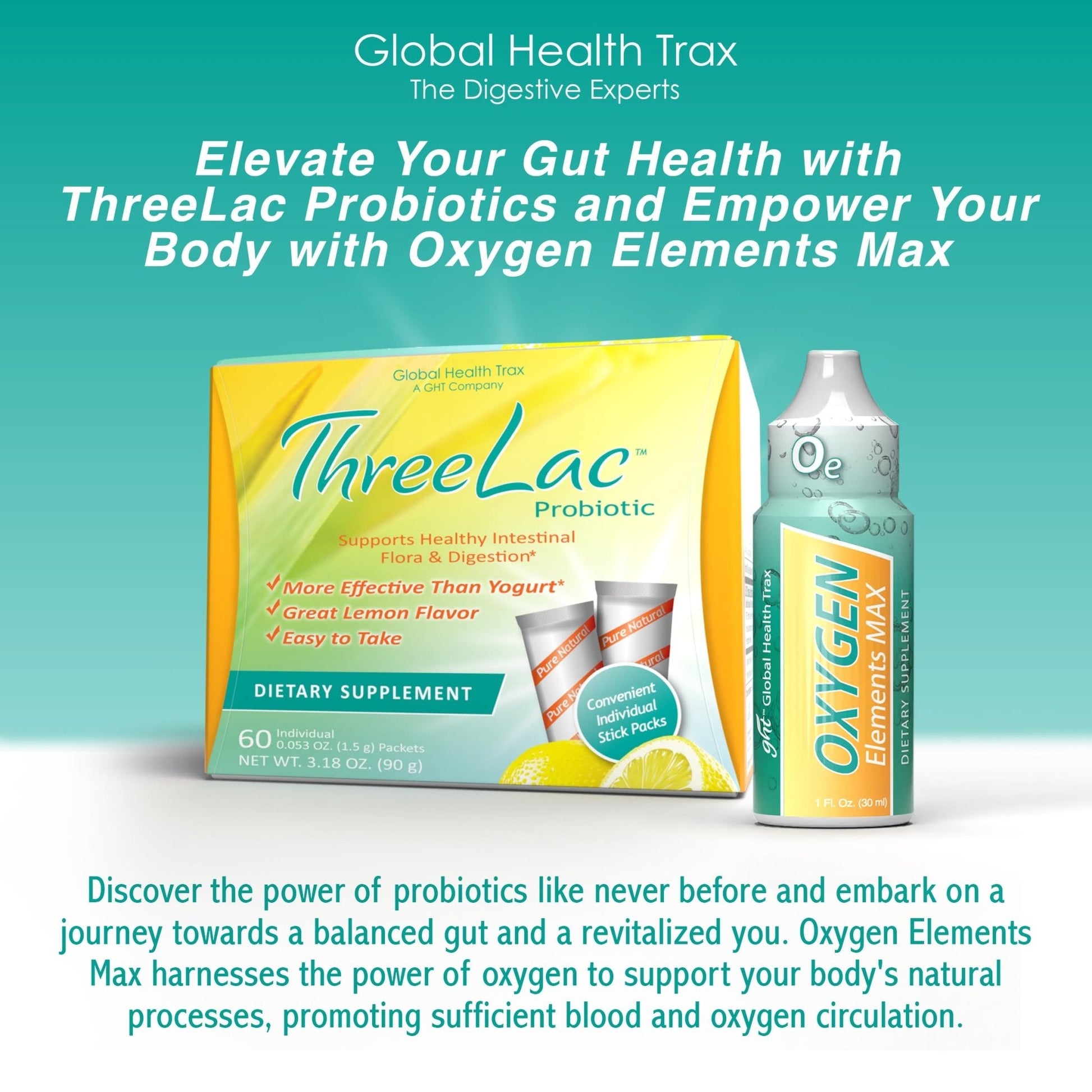 Global Health Trax Ultimate Gut & Oxygen Duo: ThreeLac Lemon Probiotic Powder (60 Packets) & Oxygen Elements Max Drops (1oz) - Digestive Support & Cellular Vitality - Maple Wellness Supplements