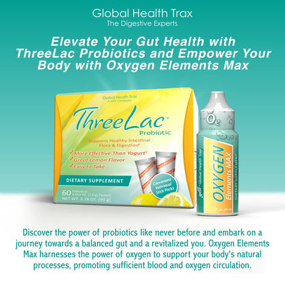 Global Health Trax Ultimate Gut & Oxygen Duo: ThreeLac Lemon Probiotic Powder (60 Packets) & Oxygen Elements Max Drops (1oz) - Digestive Support & Cellular Vitality - Maple Wellness Supplements