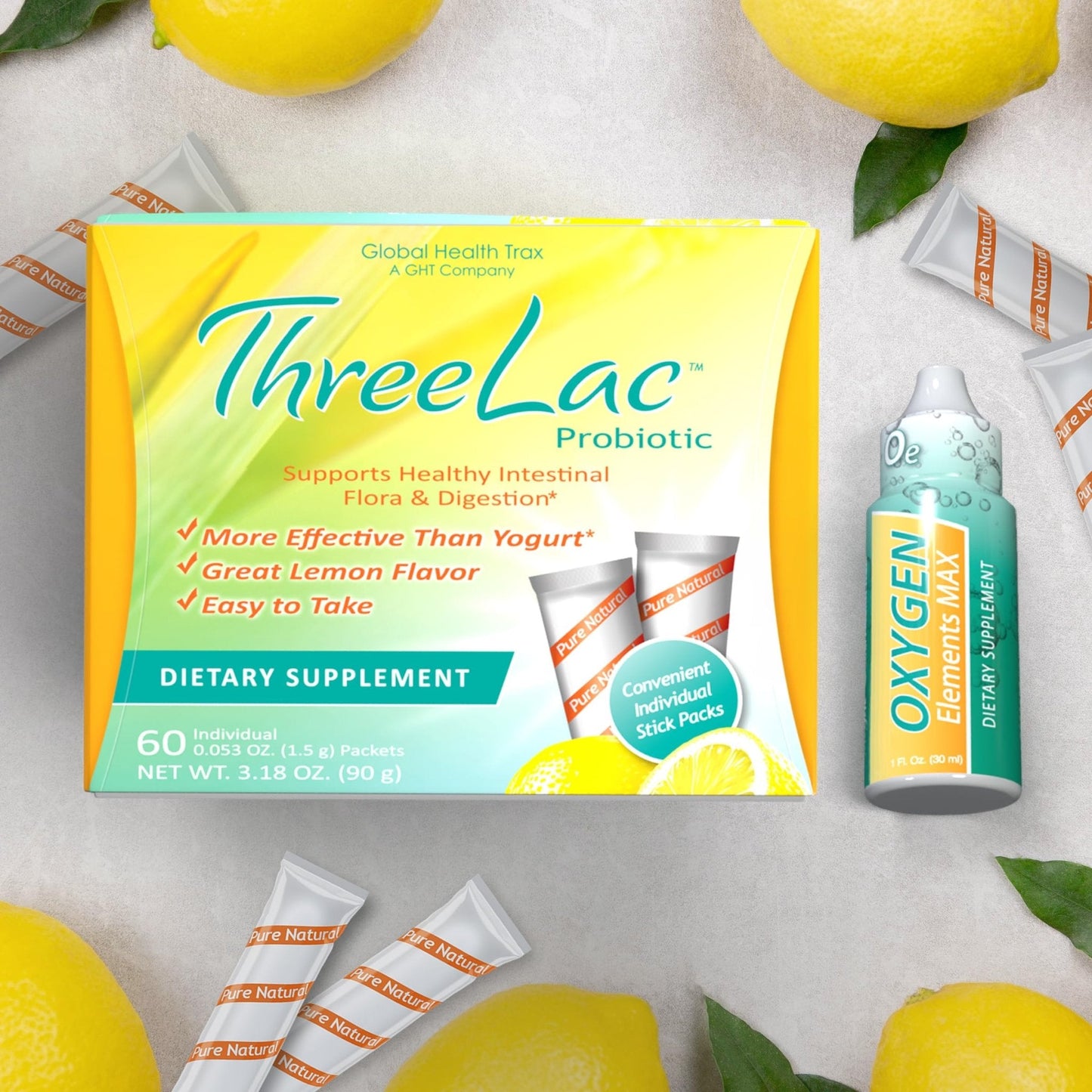 Global Health Trax Ultimate Gut & Oxygen Duo: ThreeLac Lemon Probiotic Powder (60 Packets) & Oxygen Elements Max Drops (1oz) - Digestive Support & Cellular Vitality - Maple Wellness Supplements