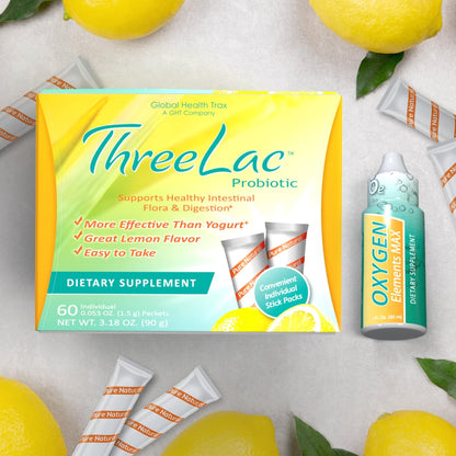 Global Health Trax Ultimate Gut & Oxygen Duo: ThreeLac Lemon Probiotic Powder (60 Packets) & Oxygen Elements Max Drops (1oz) - Digestive Support & Cellular Vitality - Maple Wellness Supplements