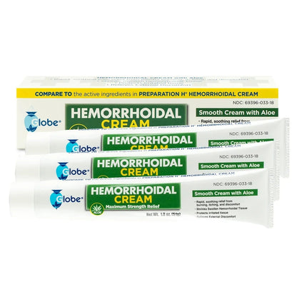 Globe (3 Pack) Hemorrhoid Cream, Relief with Aloe, (1.8 Ounce Tube) Relief from Hemorrhoids, Piles, Itching, Burning, Discomfort, & More - Maple Wellness Supplements