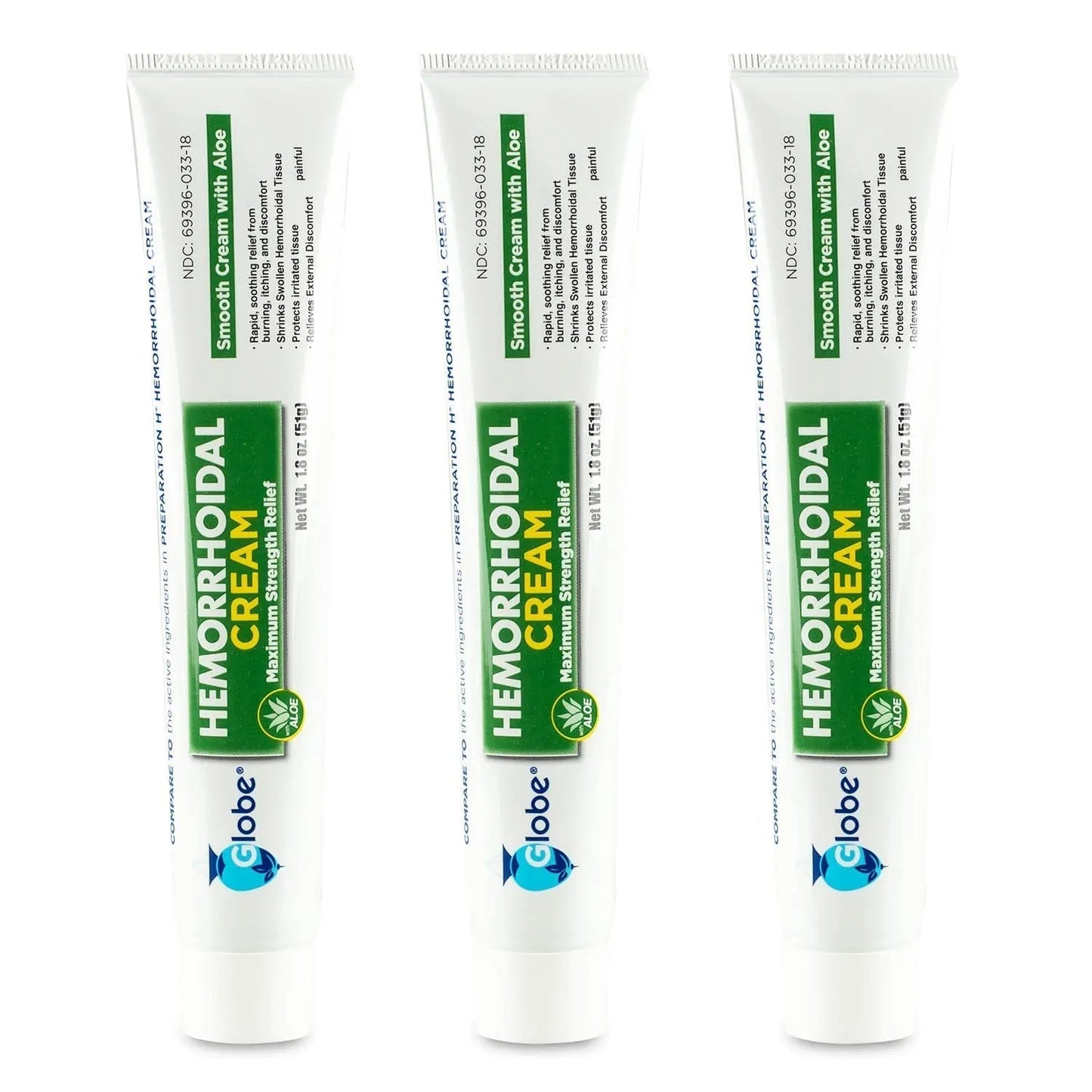 Globe (3 Pack) Hemorrhoid Cream, Relief with Aloe, (1.8 Ounce Tube) Relief from Hemorrhoids, Piles, Itching, Burning, Discomfort, & More - Maple Wellness Supplements