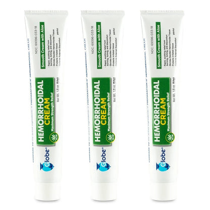 Globe (3 Pack) Hemorrhoid Cream, Relief with Aloe, (1.8 Ounce Tube) Relief from Hemorrhoids, Piles, Itching, Burning, Discomfort, & More - Maple Wellness Supplements