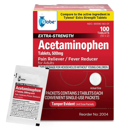 Globe Extra Strength Acetaminophen Tablets 500 mg, Pain Reliever and Fever Reducer, Gentle on Stomach, for Arthritis Pain, Backache Pain and More, 50 Packets of 2 Tablets Each, 100 Count - Maple Wellness Supplements