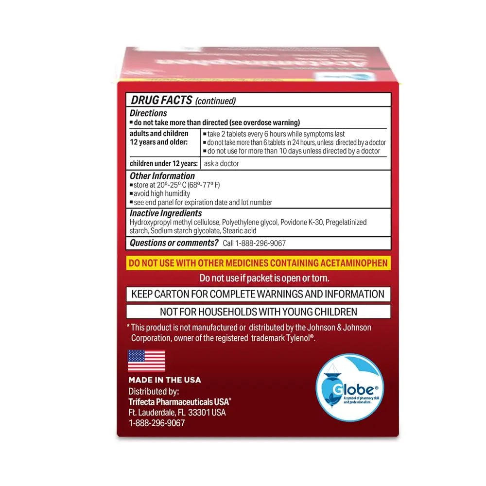 Globe Extra Strength Acetaminophen Tablets 500 mg, Pain Reliever and Fever Reducer, Gentle on Stomach, for Arthritis Pain, Backache Pain and More, 50 Packets of 2 Tablets Each, 100 Count - Maple Wellness Supplements