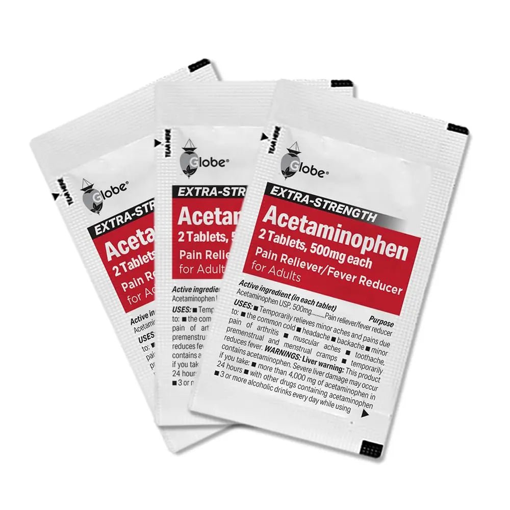 Globe Extra Strength Acetaminophen Tablets 500 mg, Pain Reliever and Fever Reducer, Gentle on Stomach, for Arthritis Pain, Backache Pain and More, 50 Packets of 2 Tablets Each, 100 Count - Maple Wellness Supplements