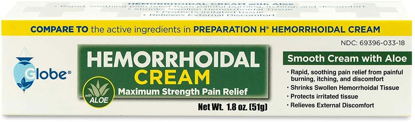 Globe Hemorrhoidal Cream, Phenylephrine HCl, Pramoxine with Aloe, Relief from Burning, Itching and Discomfort of Hemorrhoids, 1.8 Ounces - Maple Wellness Supplements