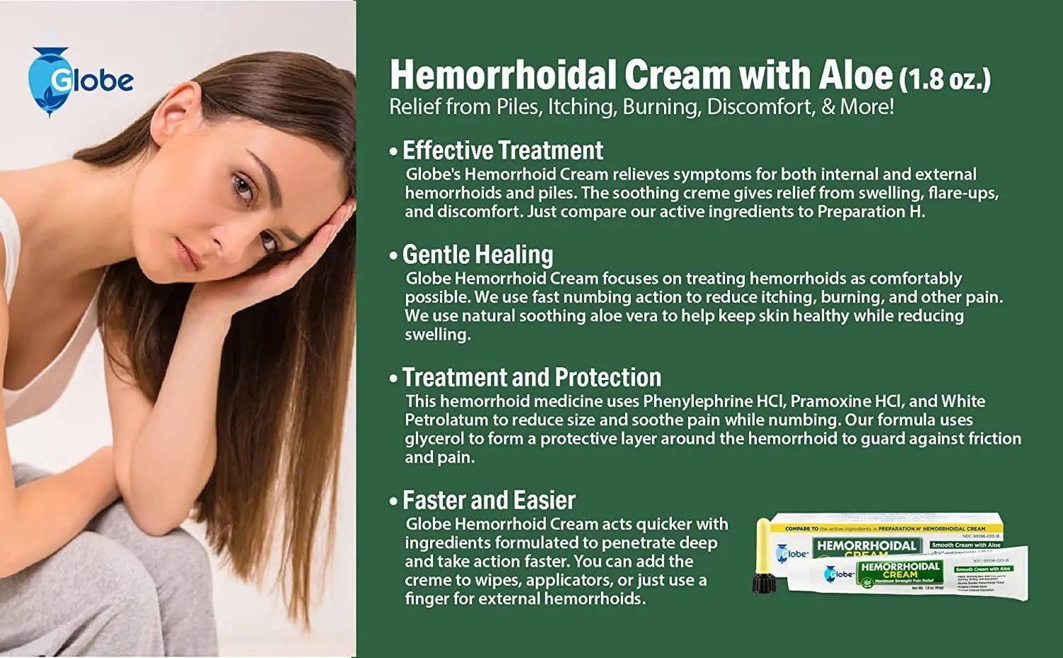 Globe Hemorrhoidal Cream, Phenylephrine HCl, Pramoxine with Aloe, Relief from Burning, Itching and Discomfort of Hemorrhoids, 1.8 Ounces - Maple Wellness Supplements