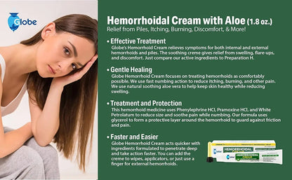 Globe Hemorrhoidal Cream, Phenylephrine HCl, Pramoxine with Aloe, Relief from Burning, Itching and Discomfort of Hemorrhoids, 1.8 Ounces - Maple Wellness Supplements