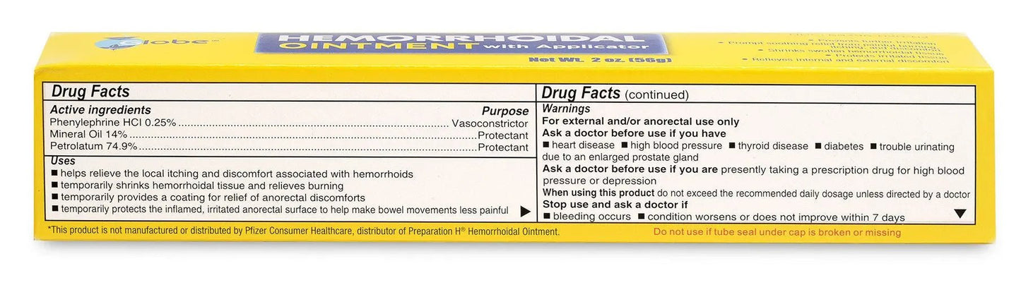 Globe Hemorrhoidal Ointment, Phenylephrine HCl, Petrolatum, Mineral Oil, Relief from Burning, Itching and Discomfort of Hemorrhoids, 2 Ounces (4 Pack) - Maple Wellness Supplements