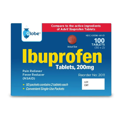 Globe Ibuprofen Tablets, 200 mg, Pain Reliever and Fever Reducer, for Headache, Muscular Aches, Arthritis, Backache and More 50 Packets of 2 Tablets Each,100 Tablets - Maple Wellness Supplements