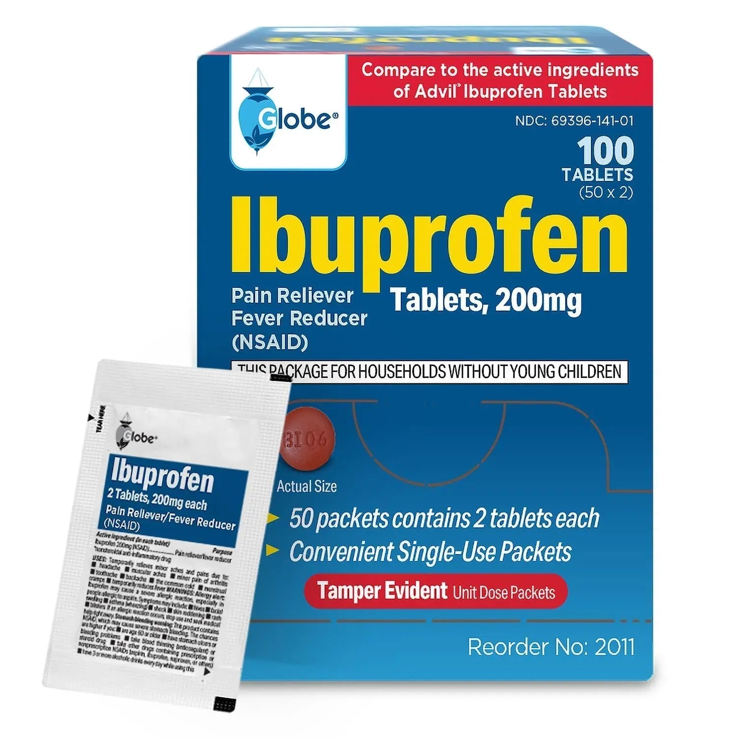 Globe Ibuprofen Tablets, 200 mg, Pain Reliever and Fever Reducer, for Headache, Muscular Aches, Arthritis, Backache and More 50 Packets of 2 Tablets Each,100 Tablets - Maple Wellness Supplements