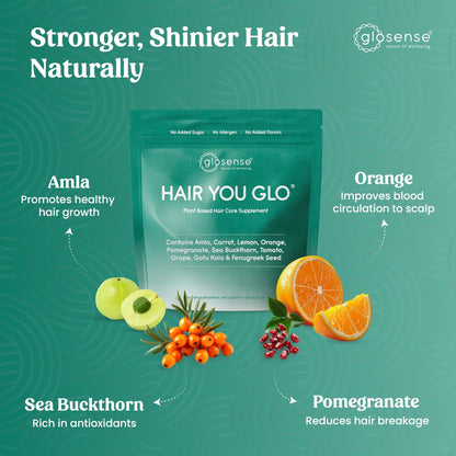 Glosense Hair You Glo – Plant-Based Biotin Supplement | Hair Growth Drink | Natural Hair Vitamins Powder with Amla, Sea Buckthorn, Gotu Kola | No Added Sugar, No Added Flavours | 30 Servings - Maple Wellness Supplements