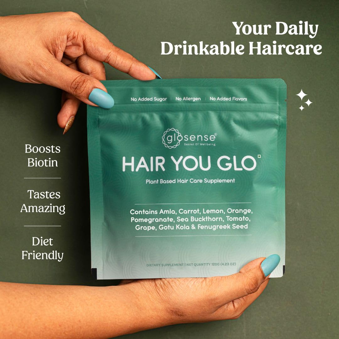 Glosense Hair You Glo – Plant-Based Biotin Supplement | Hair Growth Drink | Natural Hair Vitamins Powder with Amla, Sea Buckthorn, Gotu Kola | No Added Sugar, No Added Flavours | 30 Servings - Maple Wellness Supplements