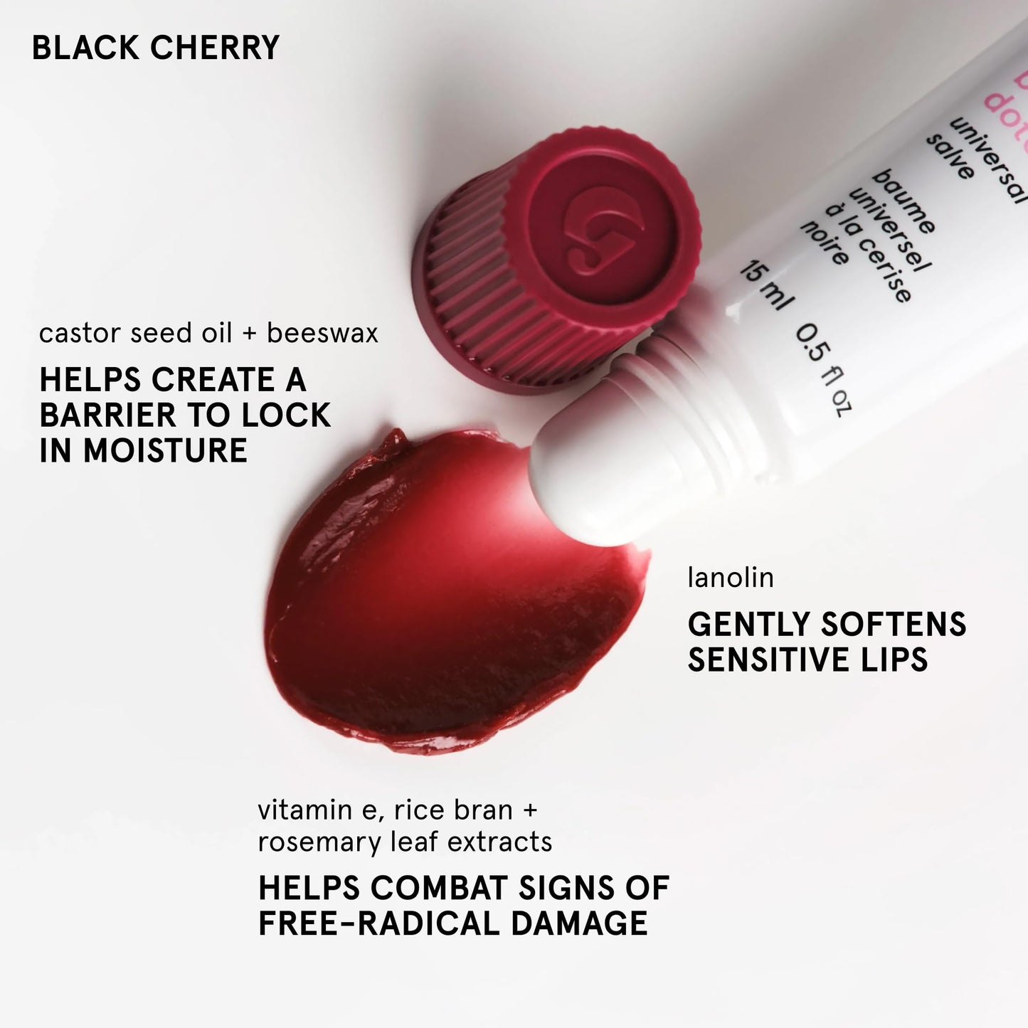 Glossier Balm Dotcom Hydrating Tinted Lip Balm - Universal Salve, Up to 12Hr Moisture for Dry Lips, Cuticles & Skin - Lanolin, Beeswax & Castor Oil - Black Cherry, Burgundy Tint, 15ml - Maple Wellness Supplements