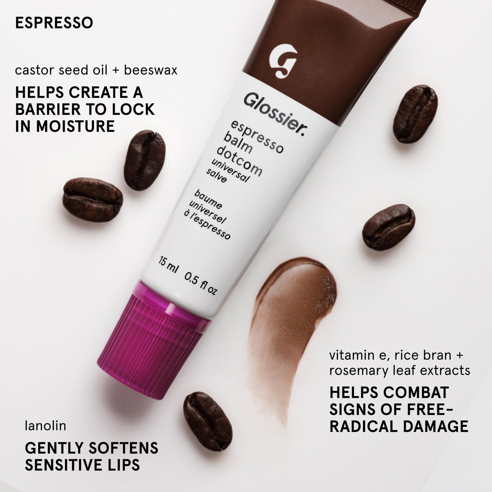 Glossier Balm Dotcom Hydrating Tinted Lip Balm - Universal Salve, Up to 12Hr Moisture for Dry Lips, Cuticles & Skin - Lanolin, Beeswax & Castor Oil - Espresso, Mocha Tint, 15ml - Maple Wellness Supplements
