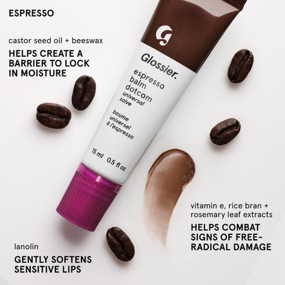 Glossier Balm Dotcom Hydrating Tinted Lip Balm - Universal Salve, Up to 12Hr Moisture for Dry Lips, Cuticles & Skin - Lanolin, Beeswax & Castor Oil - Espresso, Mocha Tint, 15ml - Maple Wellness Supplements