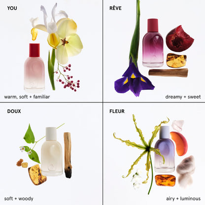 Glossier You Mini Wardrobe Fragrance Set - 4 Unisex Travel Size Eau de Parfum for Women & Men - Skin-Scent Enhancer Perfume Sampler, Smells Different on Everyone - You, Fleur, Doux, Rêve - 1.5ml Each - Maple Wellness Supplements