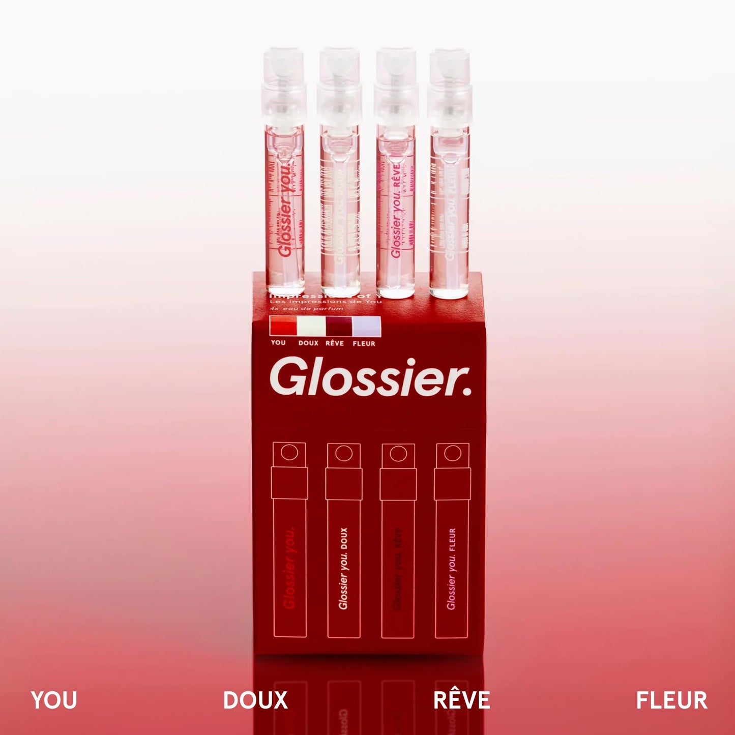 Glossier You Mini Wardrobe Fragrance Set - 4 Unisex Travel Size Eau de Parfum for Women & Men - Skin-Scent Enhancer Perfume Sampler, Smells Different on Everyone - You, Fleur, Doux, Rêve - 1.5ml Each - Maple Wellness Supplements