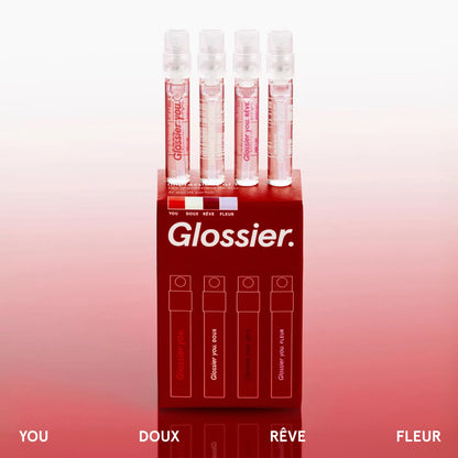 Glossier You Mini Wardrobe Fragrance Set - 4 Unisex Travel Size Eau de Parfum for Women & Men - Skin-Scent Enhancer Perfume Sampler, Smells Different on Everyone - You, Fleur, Doux, Rêve - 1.5ml Each - Maple Wellness Supplements